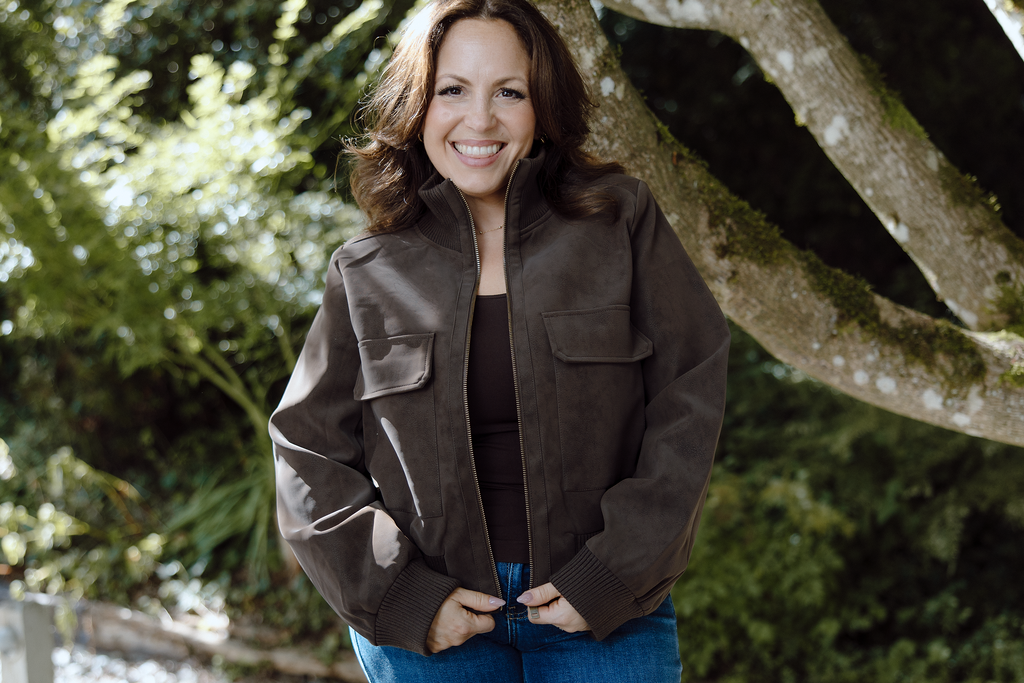 Rib Collar Faux Suede Jacket - Brown