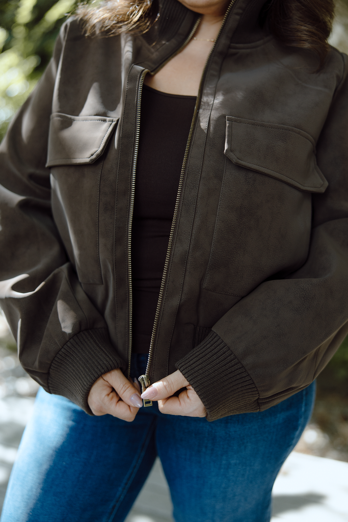 Rib Collar Faux Suede Jacket - Brown