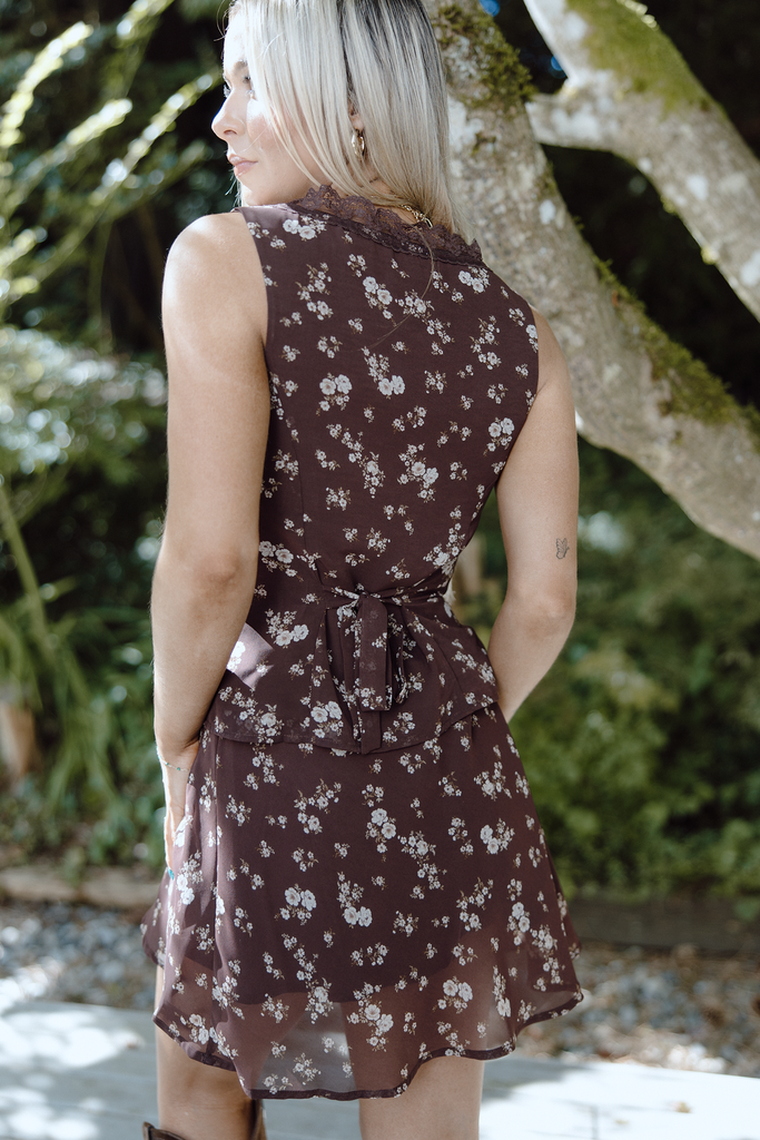 Floral Shirt And Mini Skirt - Brown