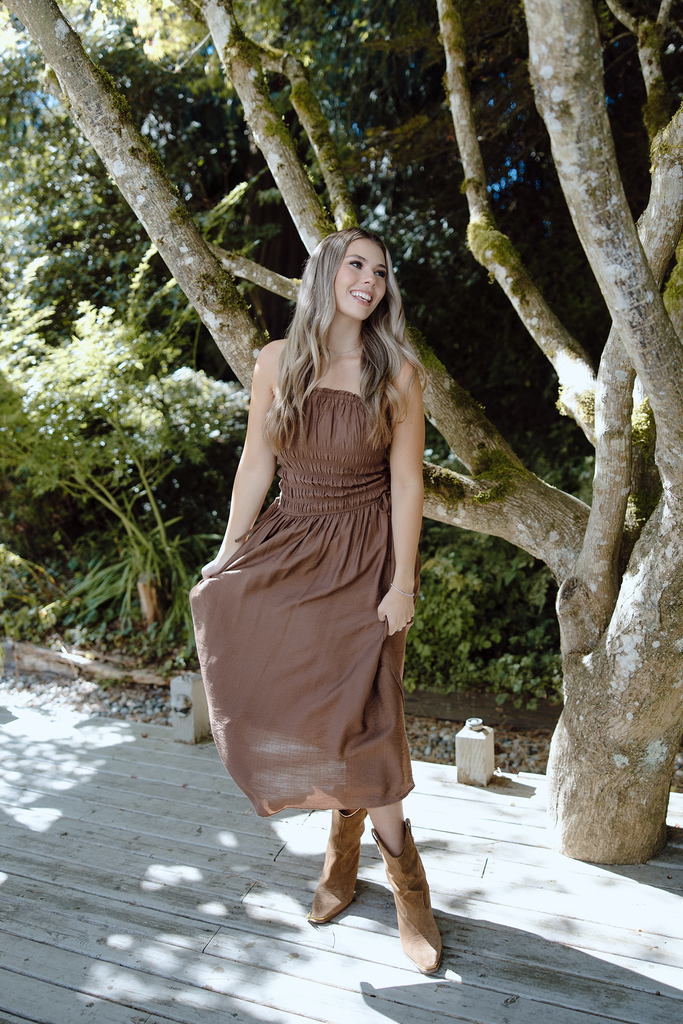 Strapless Shirred Midi Dress - Brown