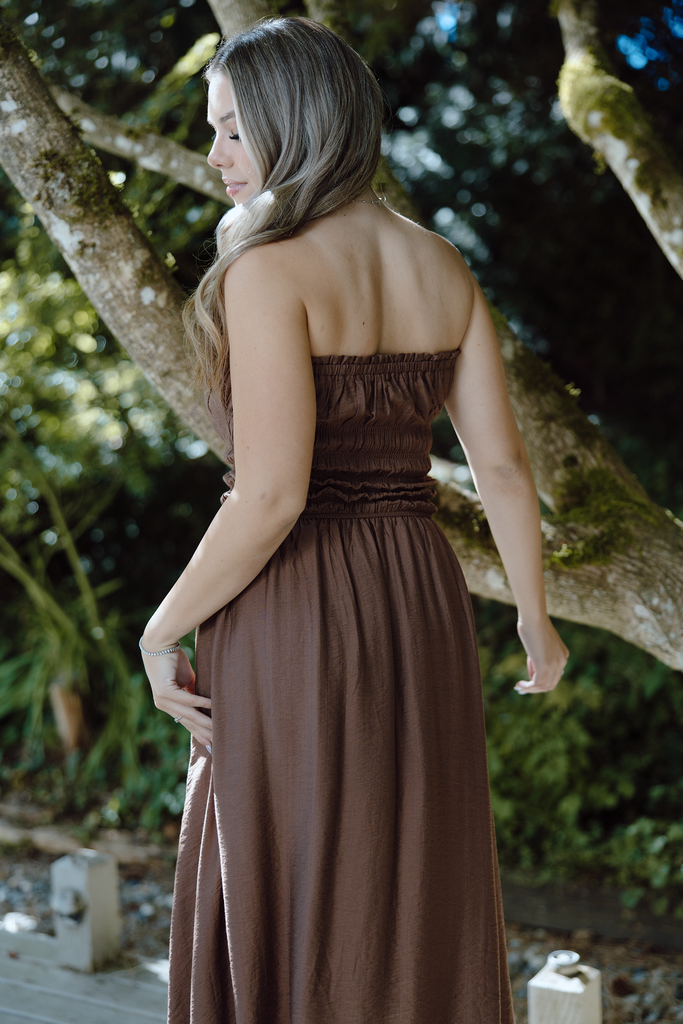 Strapless Shirred Midi Dress - Brown