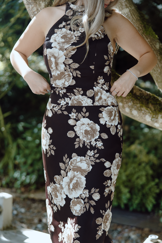 Halter Neck Bias Cut Midi Dress - Brown
