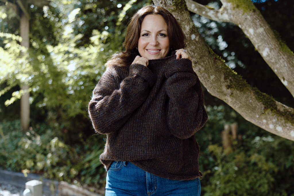 Brown Knit Sweater with Blue