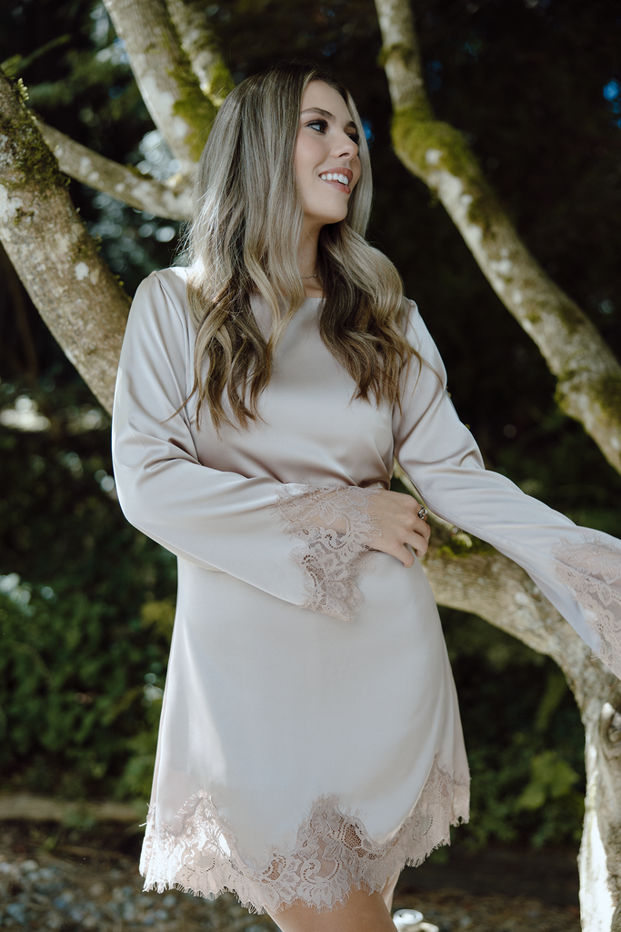 Long Sleeve Satin Dress With Lace Trim - Champagne
