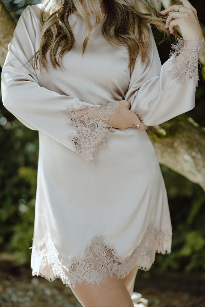 Long Sleeve Satin Dress With Lace Trim - Champagne