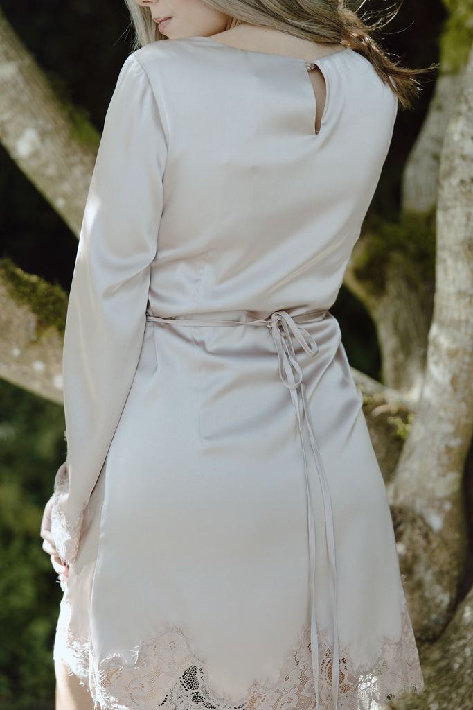 Long Sleeve Satin Dress With Lace Trim - Champagne