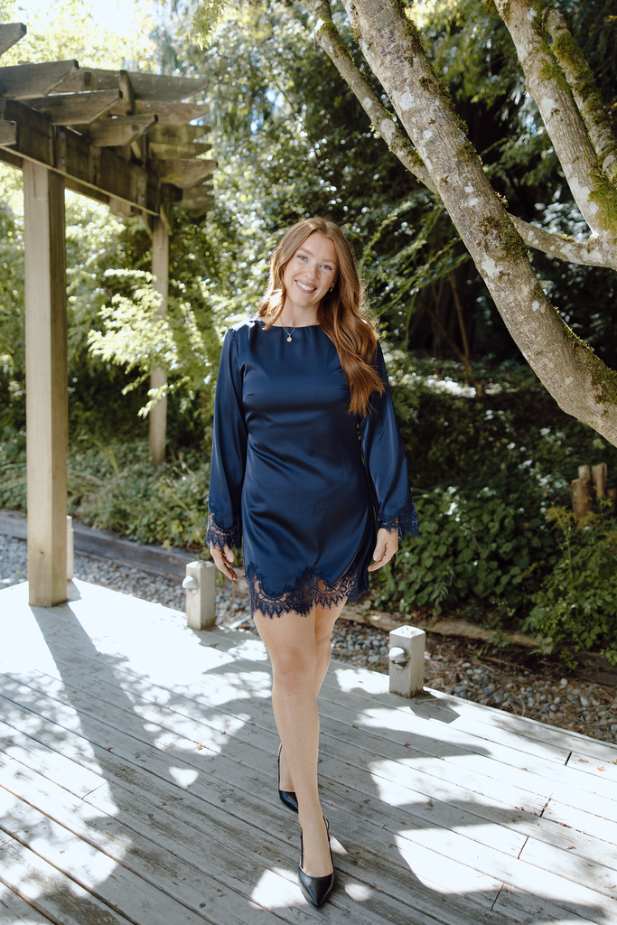 Long Sleeve Satin Dress With Lace Trim - Navy