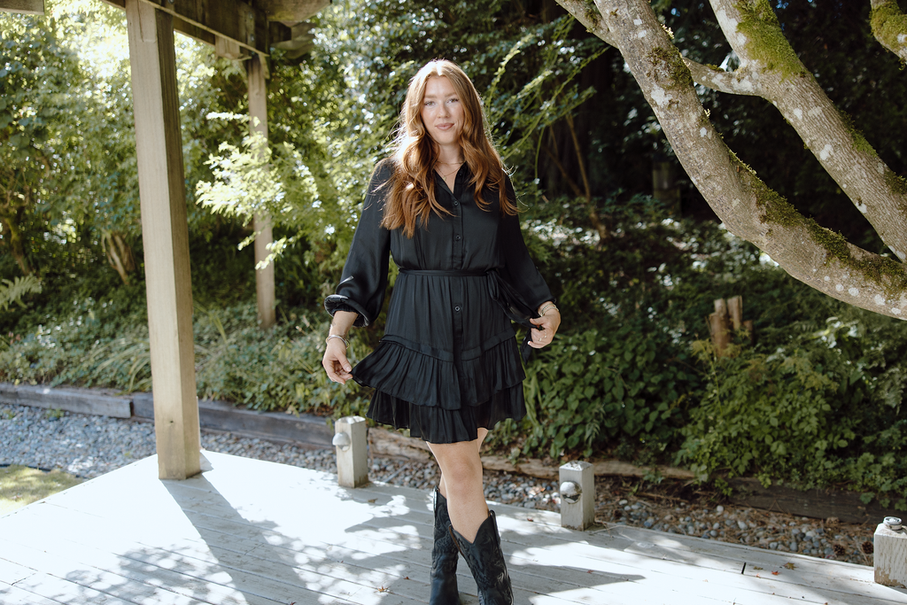Tiered Black Satin Dress - Black