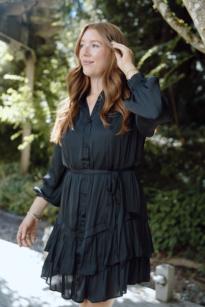 Tiered Black Satin Dress - Black