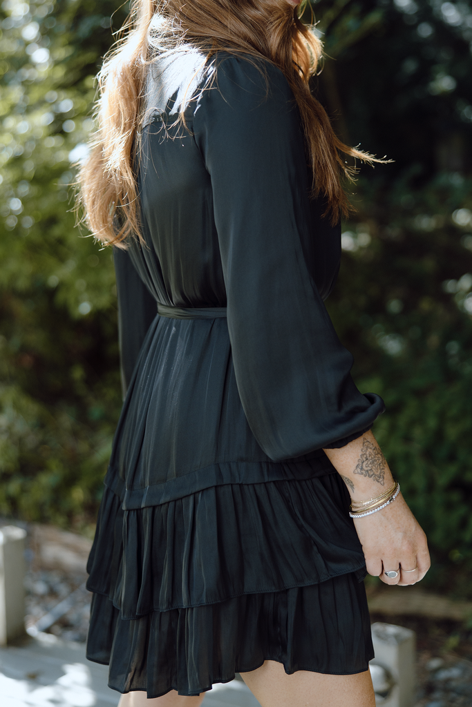 Tiered Black Satin Dress - Black