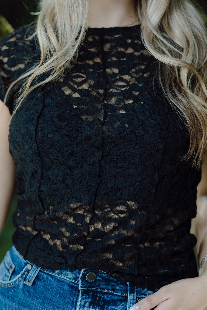 Lace Cap Sleeve Shirt - Black