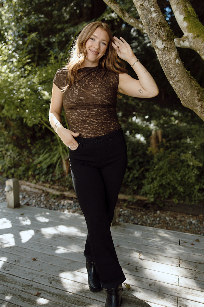 Ruched Shoulder Lace Top - Brown
