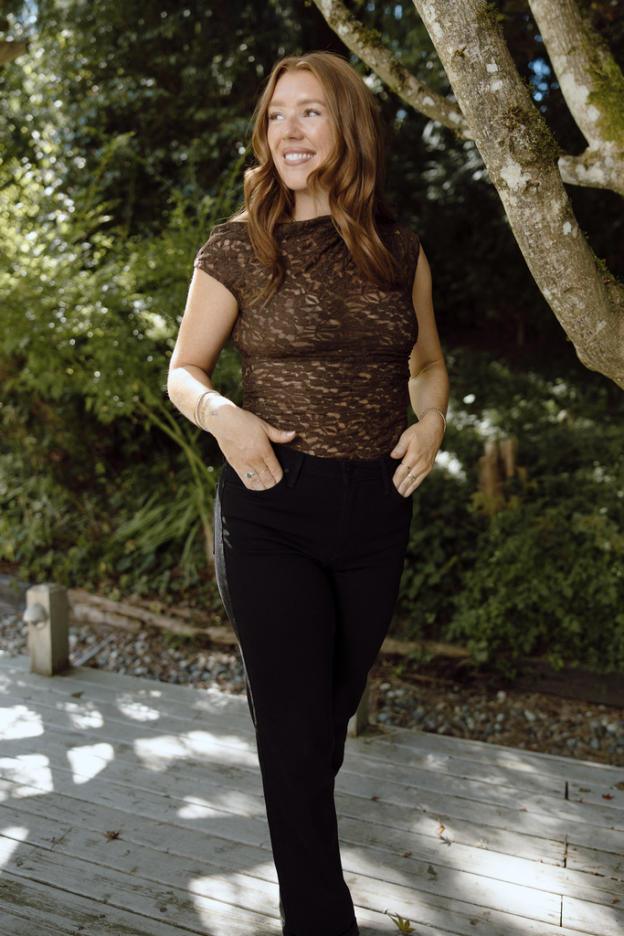 Ruched Shoulder Lace Top - Brown