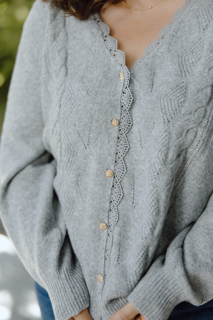 Scalloped and Lace Trim Cardigan - Grey