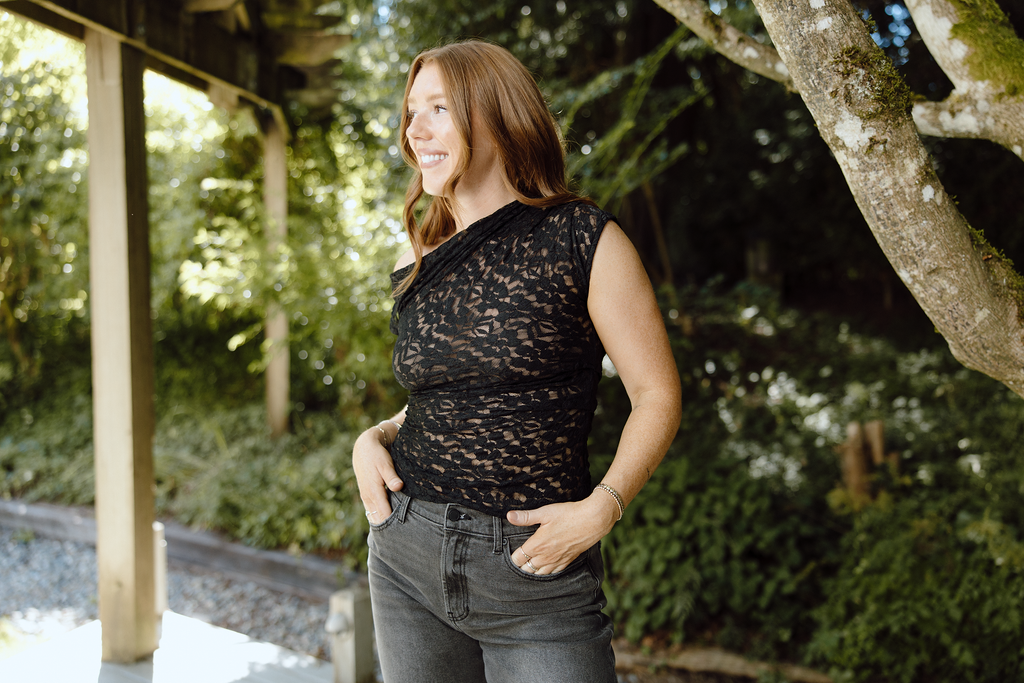 Ruched Shoulder Lace Top - Black