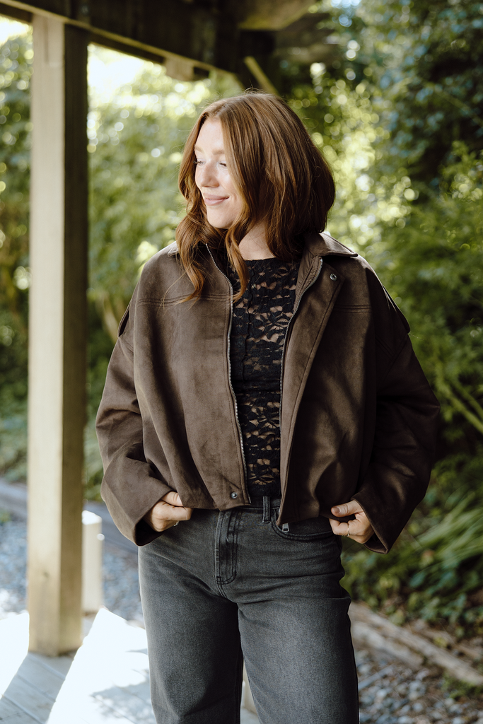 Faux Suede Collared Jacket - Brown
