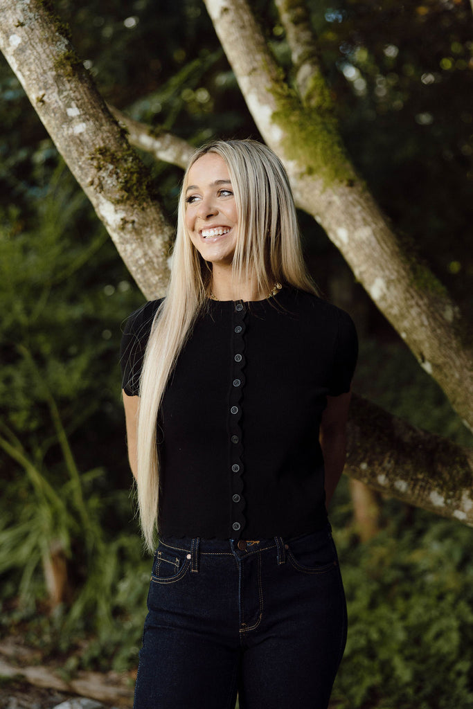 Scalloped Short Sleeve Cardigan - Black