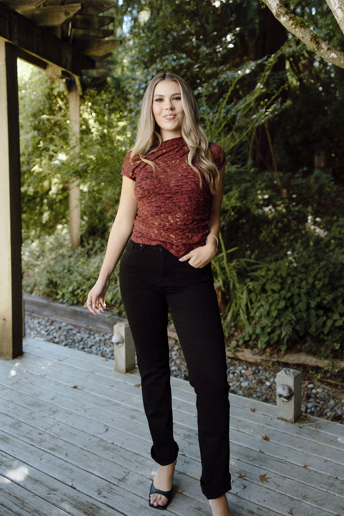 Ruched Shoulder Lace Top - Wine