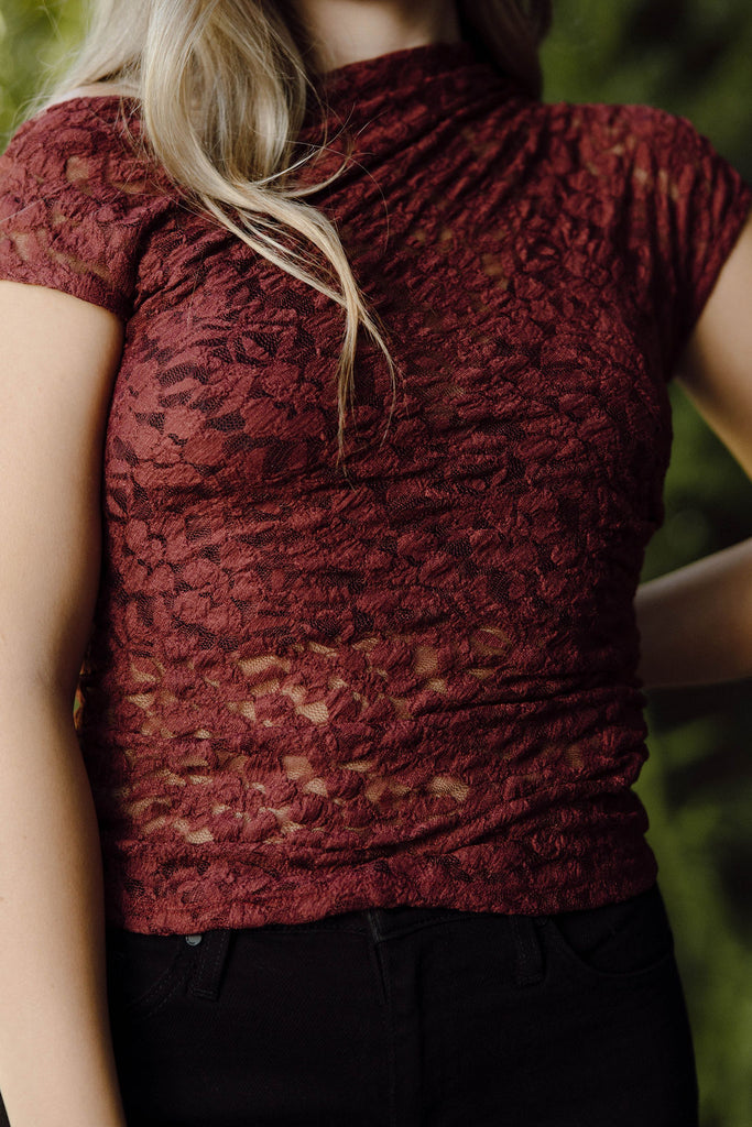 Ruched Shoulder Lace Top - Wine