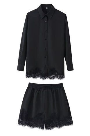 Lace Button Up & Shorts Set - Black