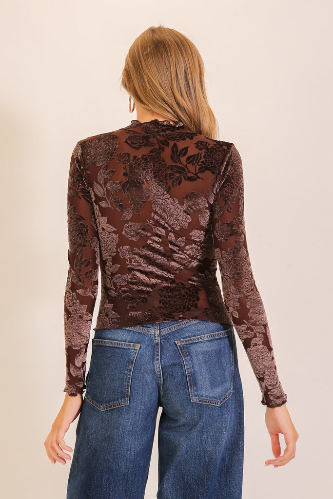 Velvet Floral Long Sleeve Shirt - Dark Brown