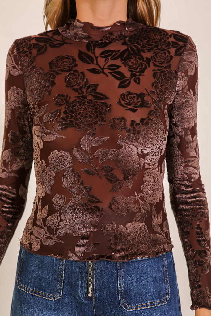 Velvet Floral Long Sleeve Shirt - Dark Brown