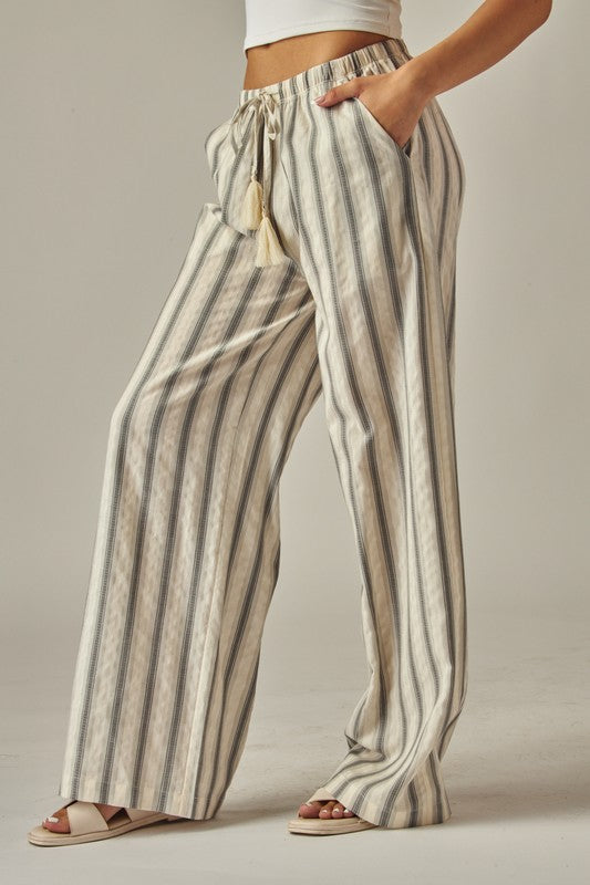 Striped Relaxed Linen Pant - Olive