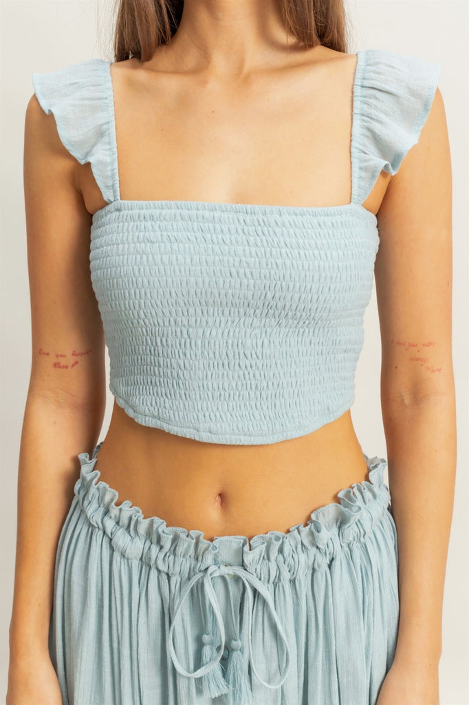 Boho Smocked Top & Midi Skirt Set - Dusty Blue