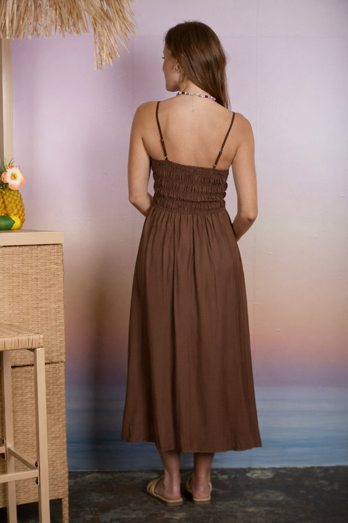 Smocked Thin Strap Midi - Brown