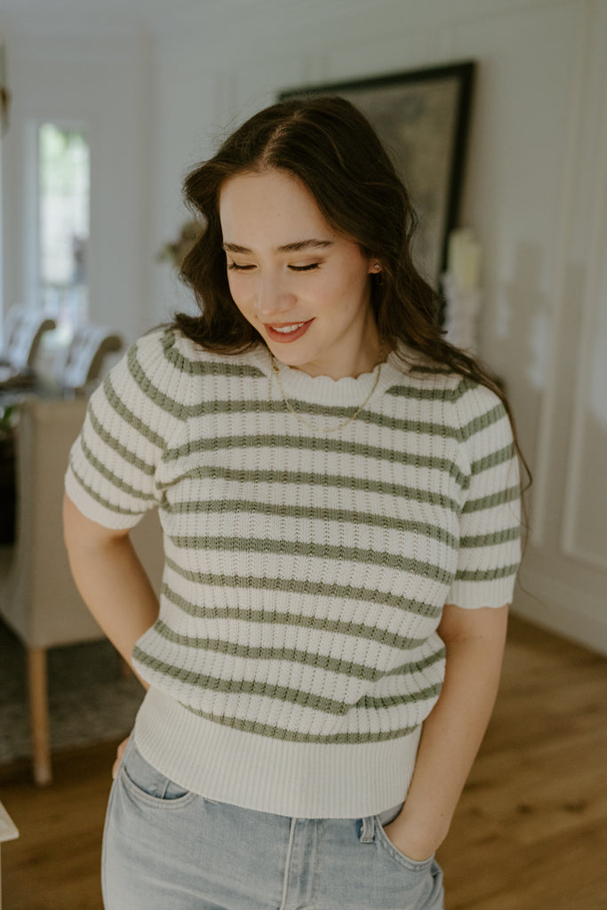 Scalloped Striped Sweater - Sage