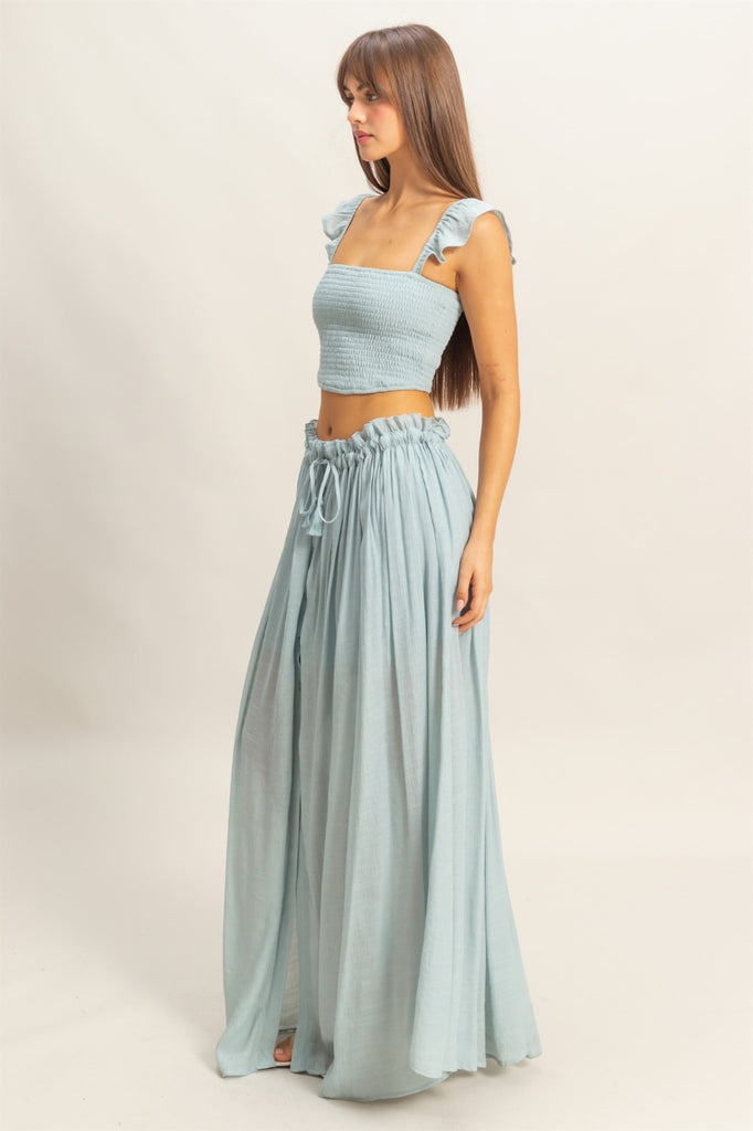 Boho Smocked Top & Midi Skirt Set - Dusty Blue