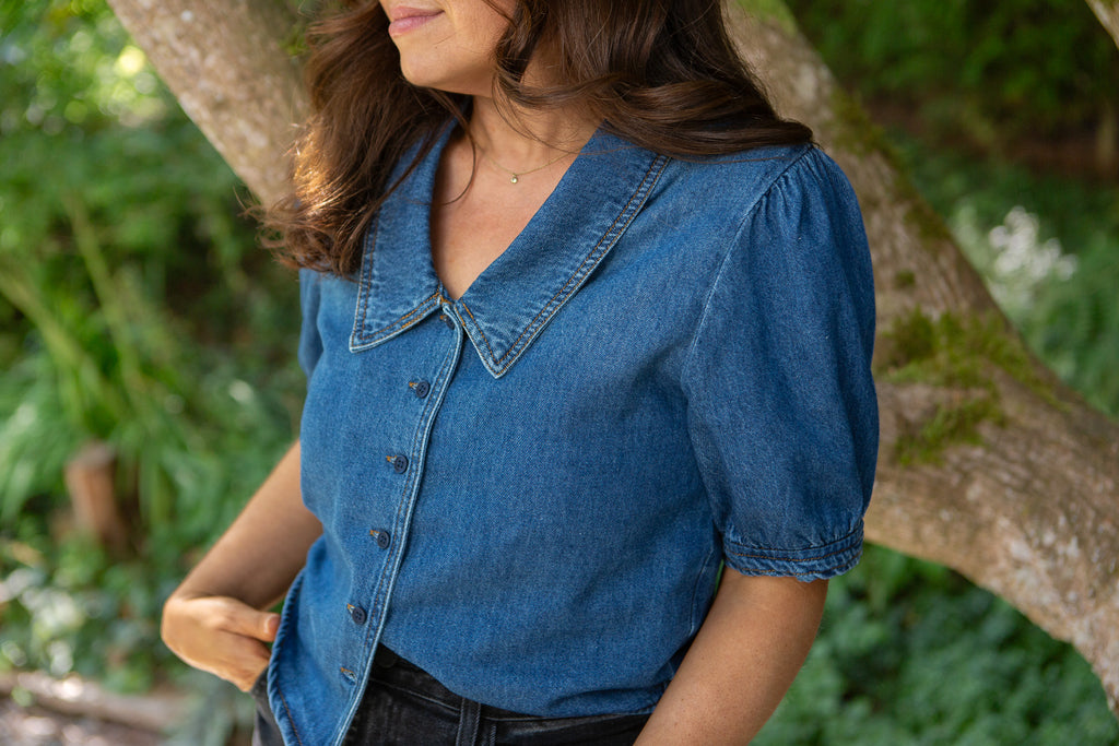 V-neck Puff Sleeve Shirt - Denim