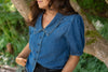 V-neck Puff Sleeve Shirt - Denim