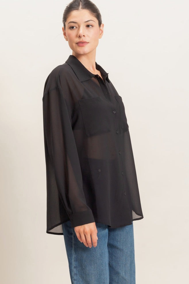 Sheer Button Up Shirt - Black