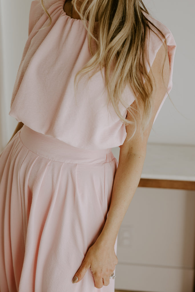 Bubble Top & Flowy Midi Skirt Set - Pink