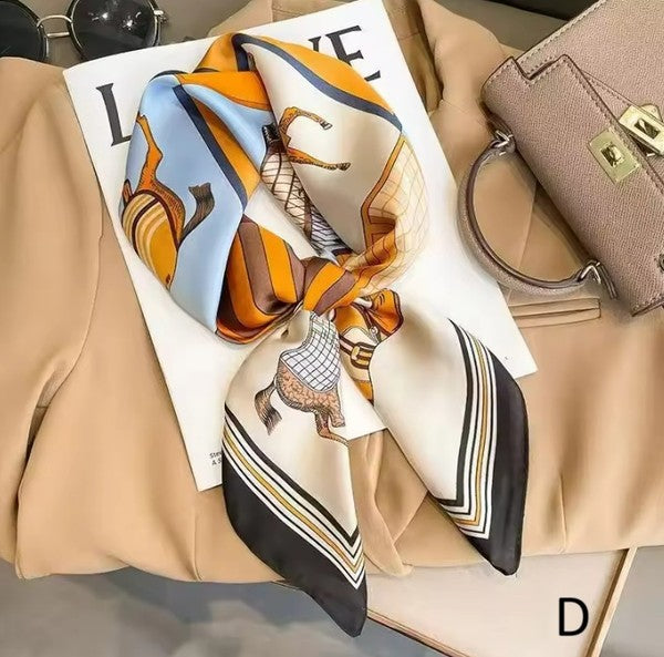 Horse Print Silk Scarf - Blue/Orange
