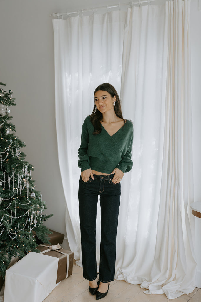 Faux Wrap Sweater - Dark Green