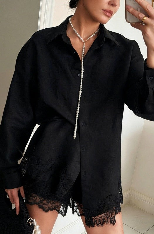 Lace Button Up & Shorts Set - Black