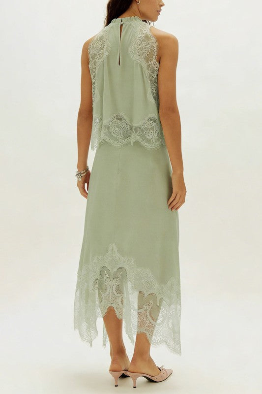Lace Trim Two Piece Set - Sage