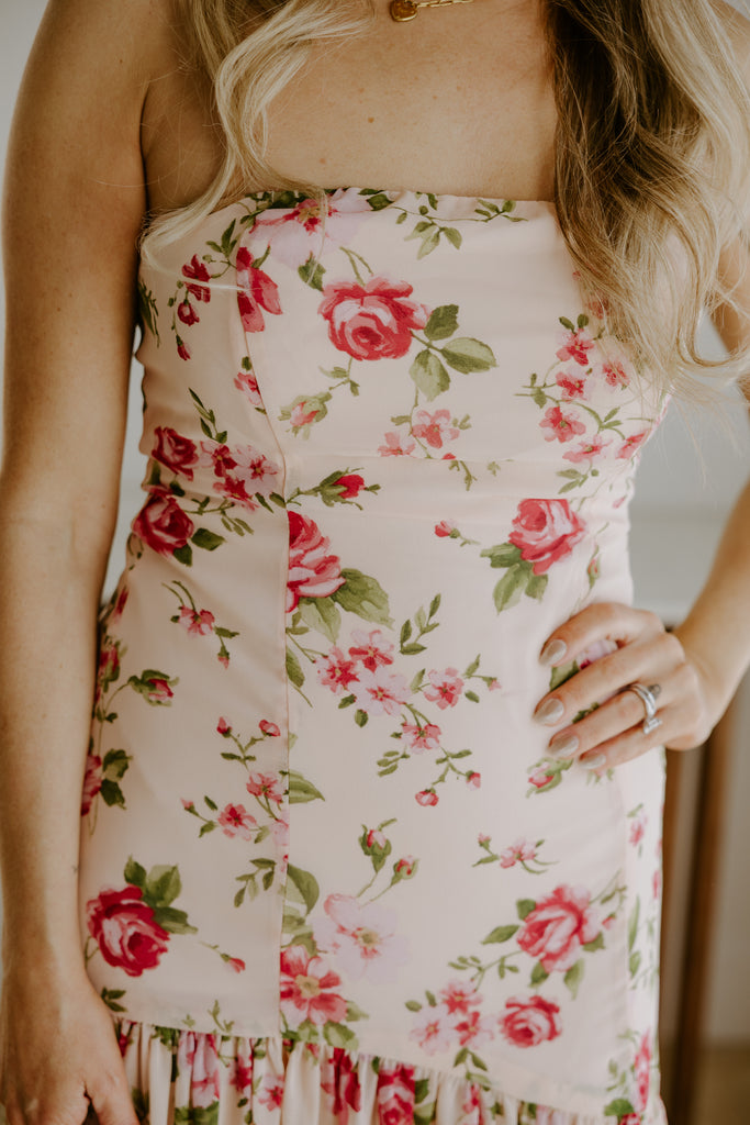 Strapless Drop Waist Floral Dress - Rose