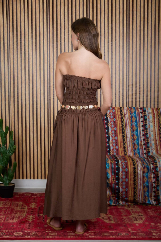 Strapless Shirred Midi Dress - Brown