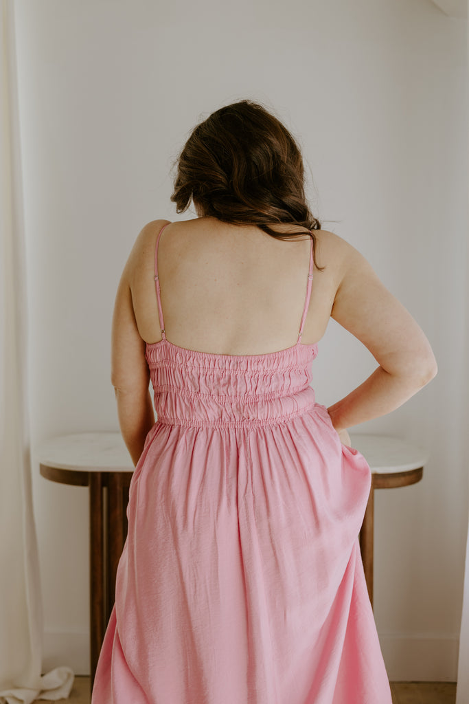 Lightweight Ruched Top Midi Dress - Pink