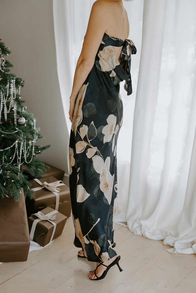 Strapless Floral Satin Dress - Navy