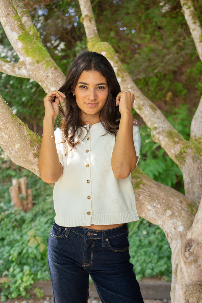 Short Sleeve Knit Cardigan - Ivory