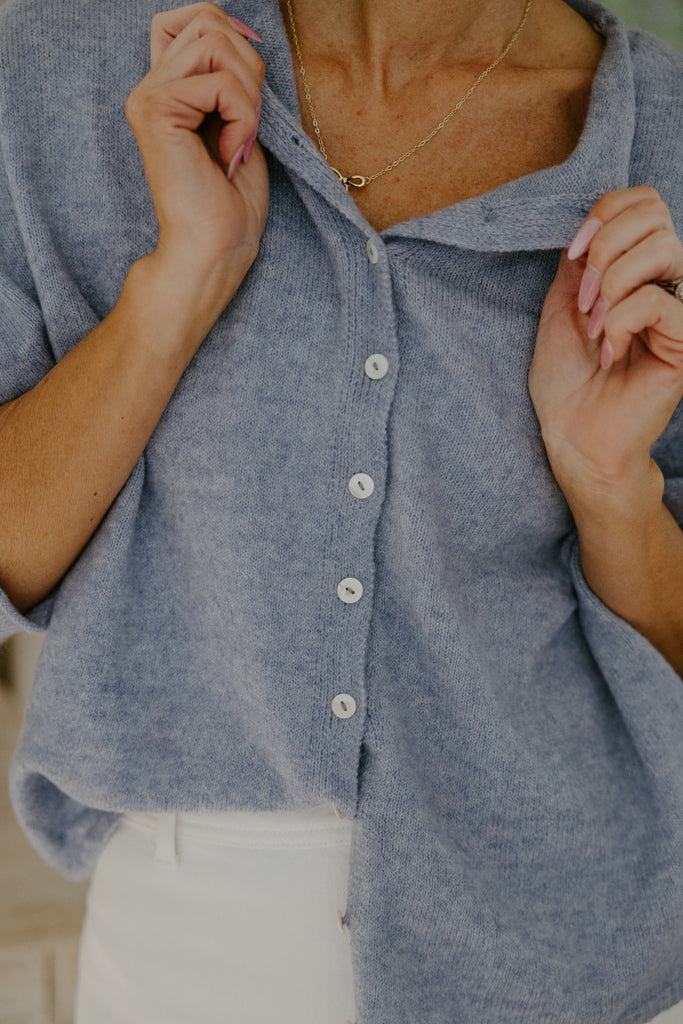 Lightweight Button Up Cardigan - Heather Blue