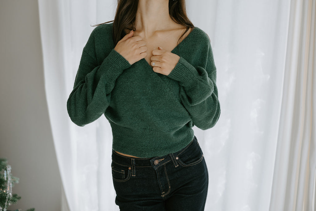 Faux Wrap Sweater - Dark Green