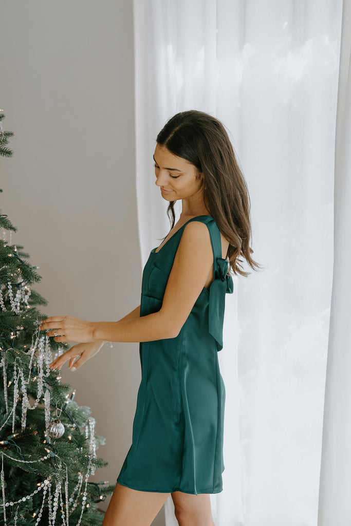 Back Bow Satin Dress - Green