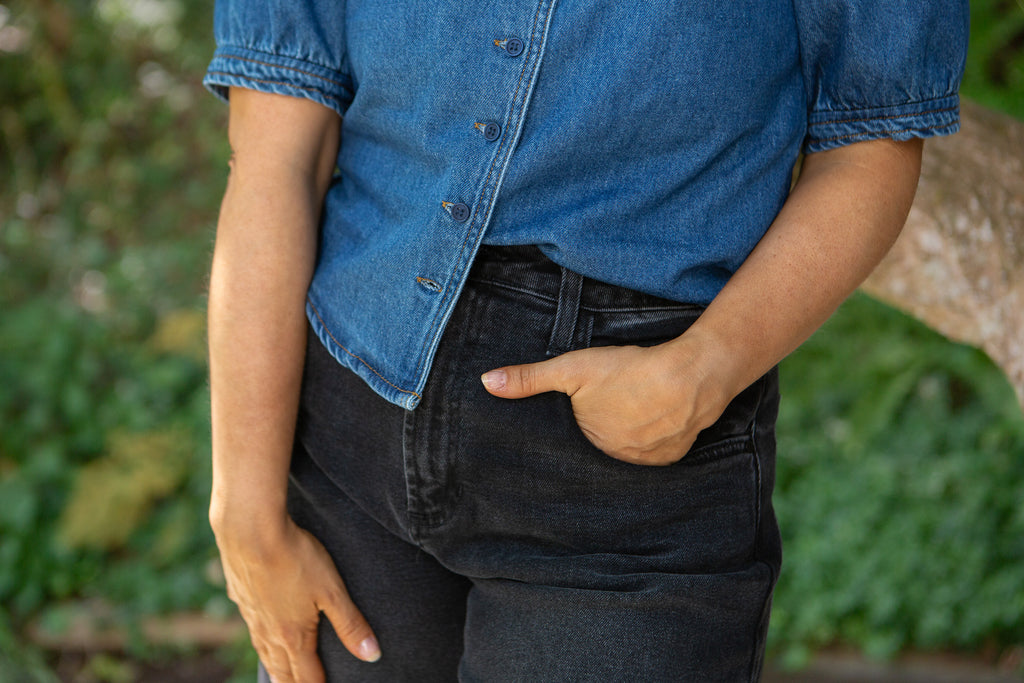 V-neck Puff Sleeve Shirt - Denim
