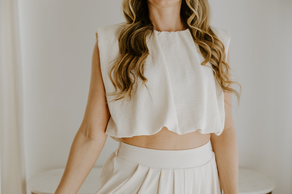 Bubble Top & Flowy Midi Skirt Set - Natural