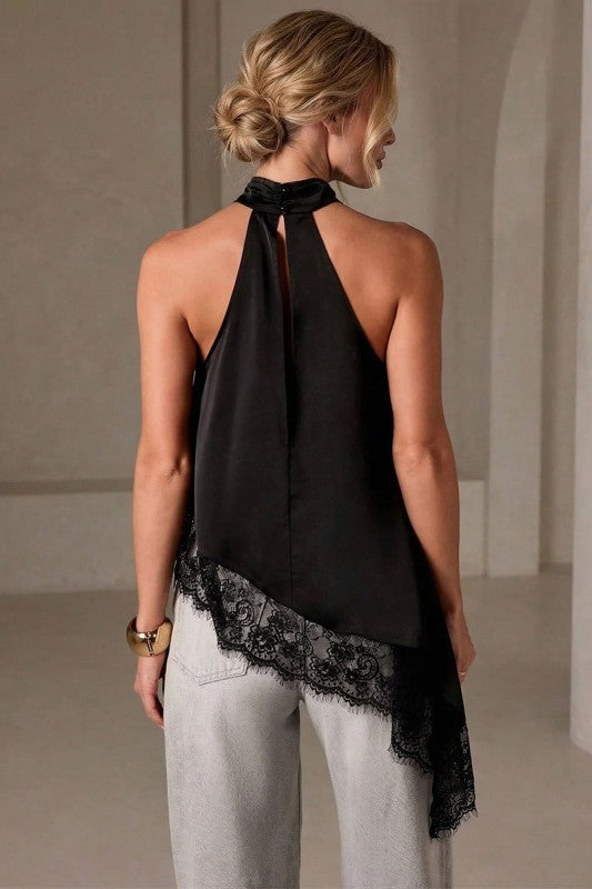 Asymmetrical Lace Halter Top - Black